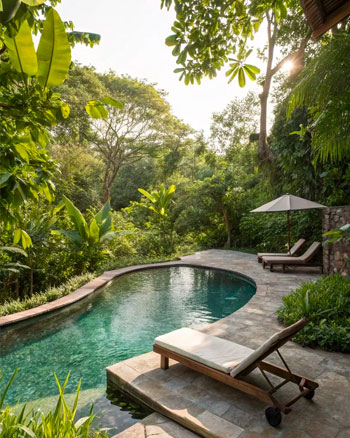 Sukabumi green stone tiles for swimming pools combined with limestone for garden