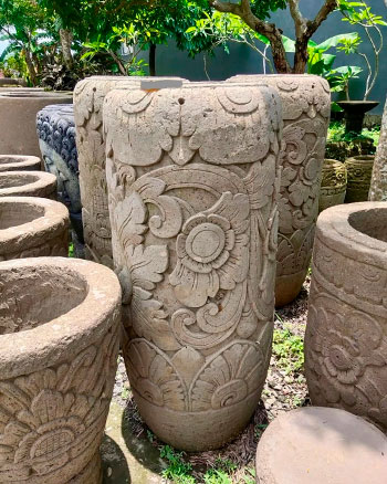 Supplier of hand carved stone pots for garden decor from Bali Indonesia.