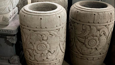 Green stone hand carved pottery garden Decor from Bali supplier and exporter.