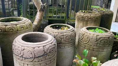 Green stone hand carved pots garden Decor from Bali supplier and exporter.